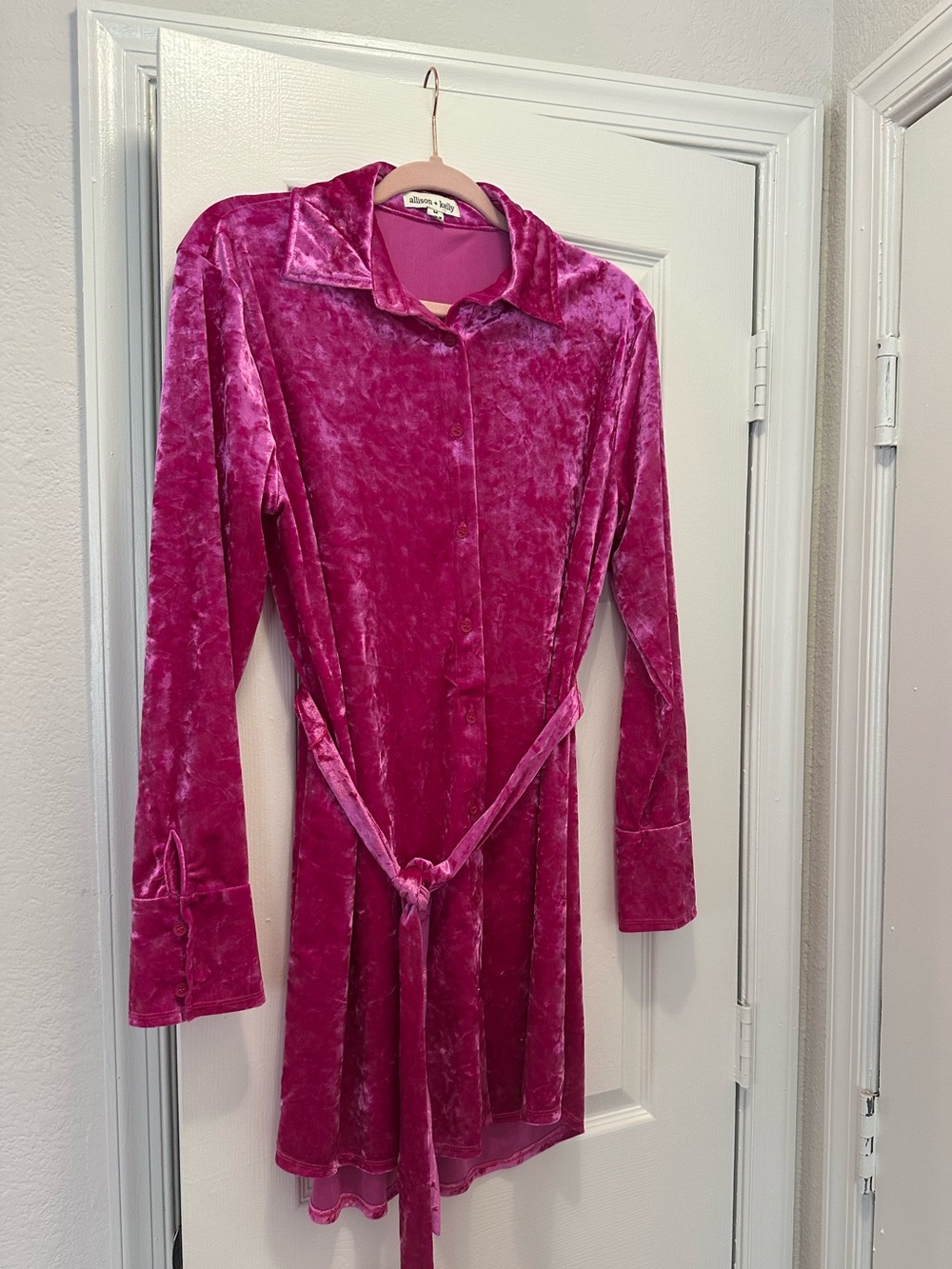 Allison & Kelly, Fuchsia Pink Velvet Shirt Dress with Tie Waist, Medium